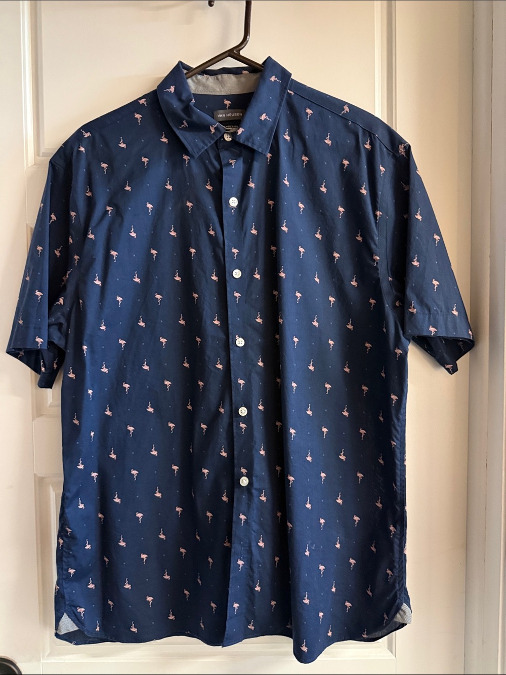 Van Heusen Navy Short-Sleeve Button-Down with Pink Flamingo Print